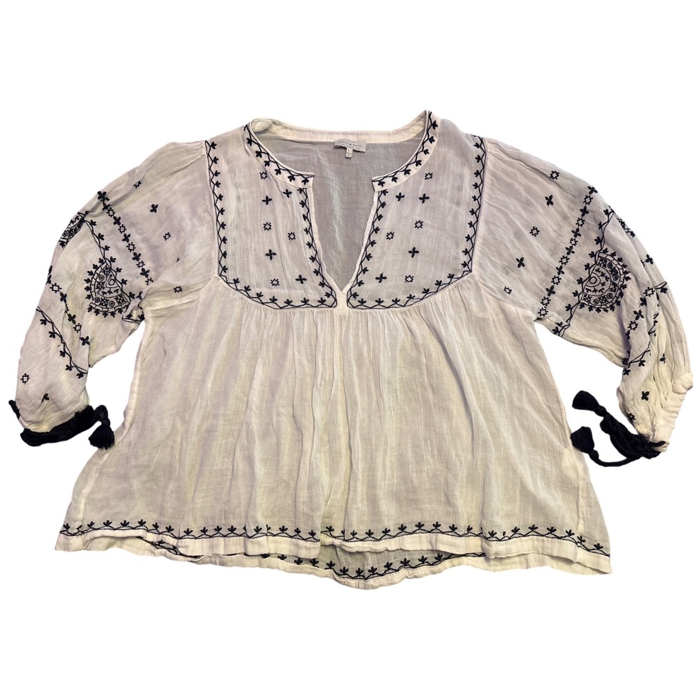 Lucky Brand Women's White Navy Embroidered Peasant Blouse, Size Large
